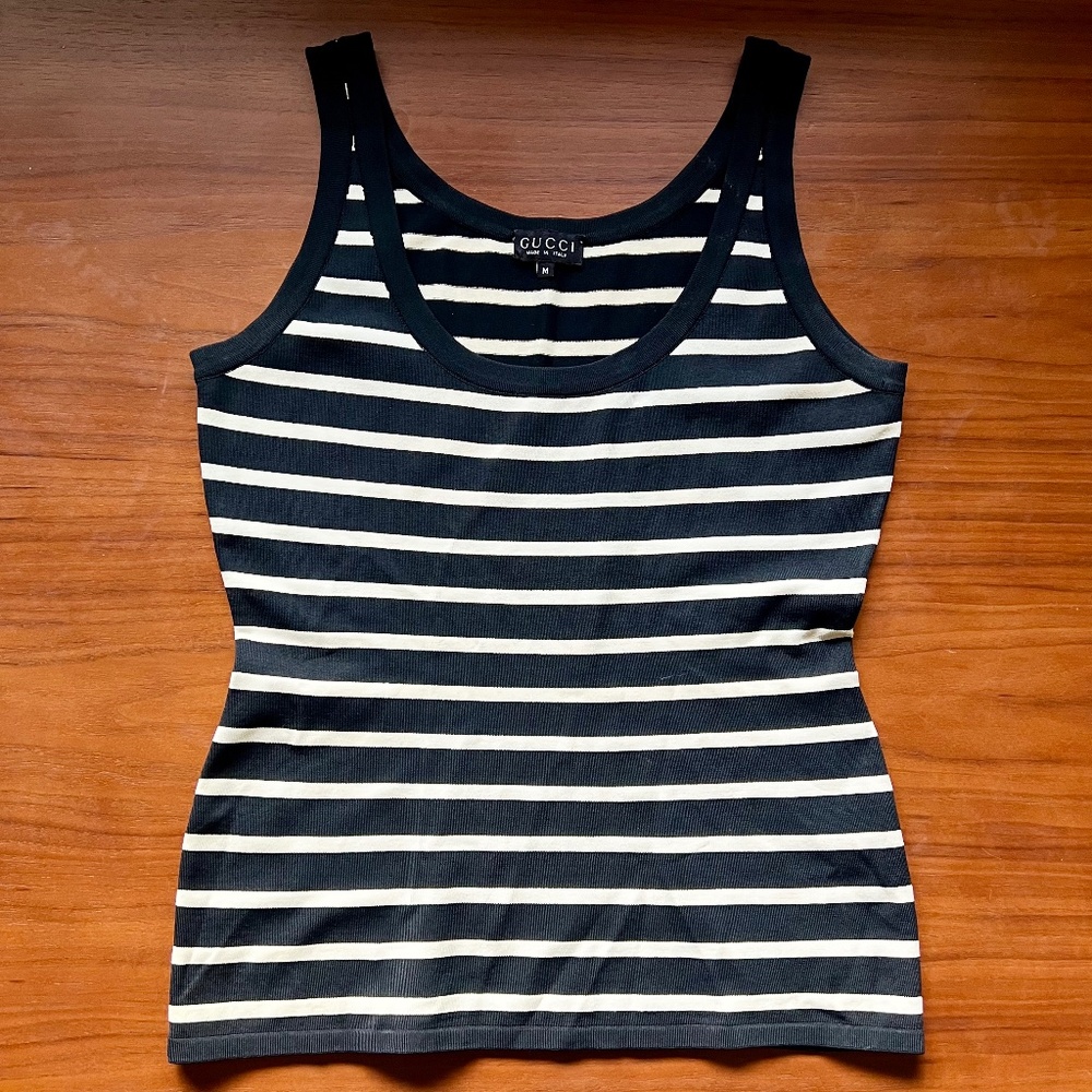 GUCCI Classic Black and White Striped Tank Top Stretch Size Medium